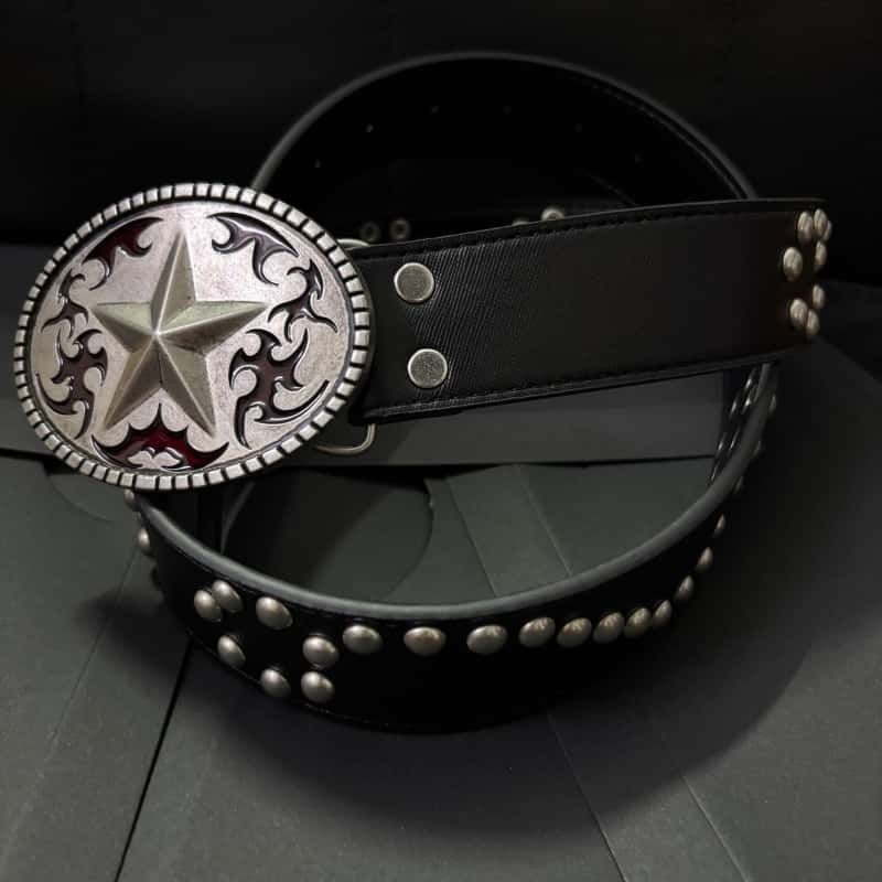 Vintage Western Star Leather Belt Enamel Flame Buckle Rivet Waist Belt
