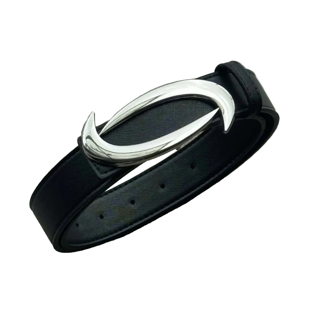 Curved Metal Buckle Full Grain Leather Belt Black Casual Mens Waist