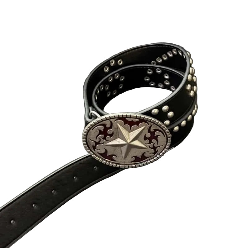 Vintage Western Star Leather Belt Enamel Flame Buckle Rivet Waist Belt