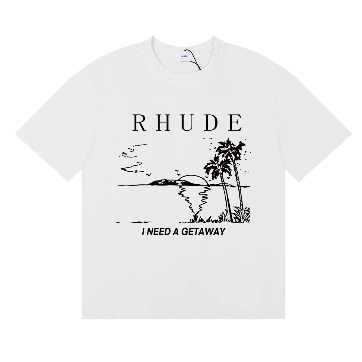 Rhude I Need A Getaway Beach Palm Tree Graphic White Oversized T‑Shirt ****