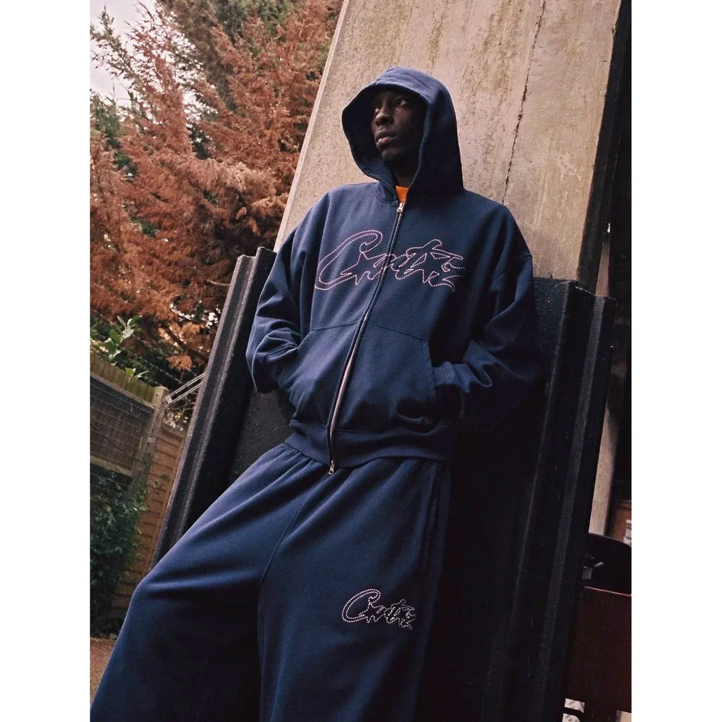 Corteiz Vibe Knit Cardigan Hoodie Set – Navy Blue