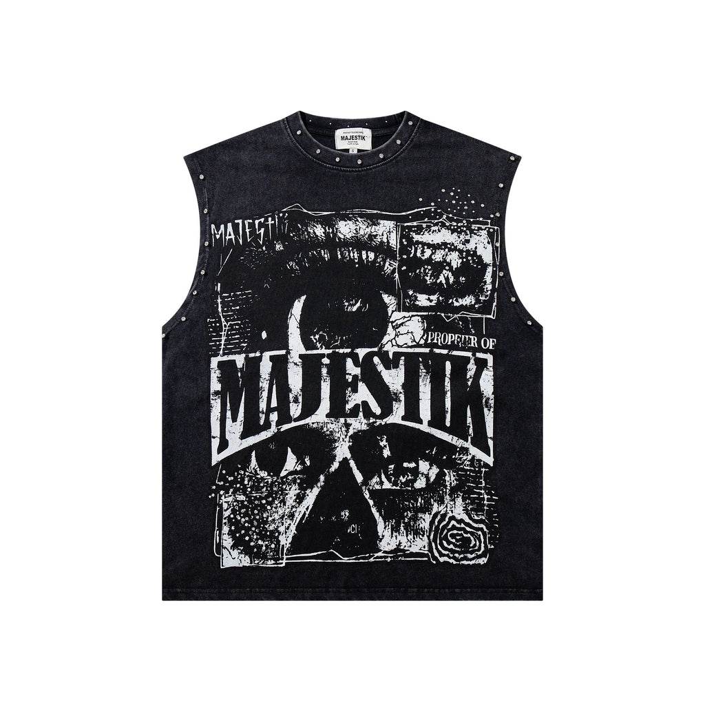 MAJESTIK Washed Black Studded Sleeveless T-Shirt