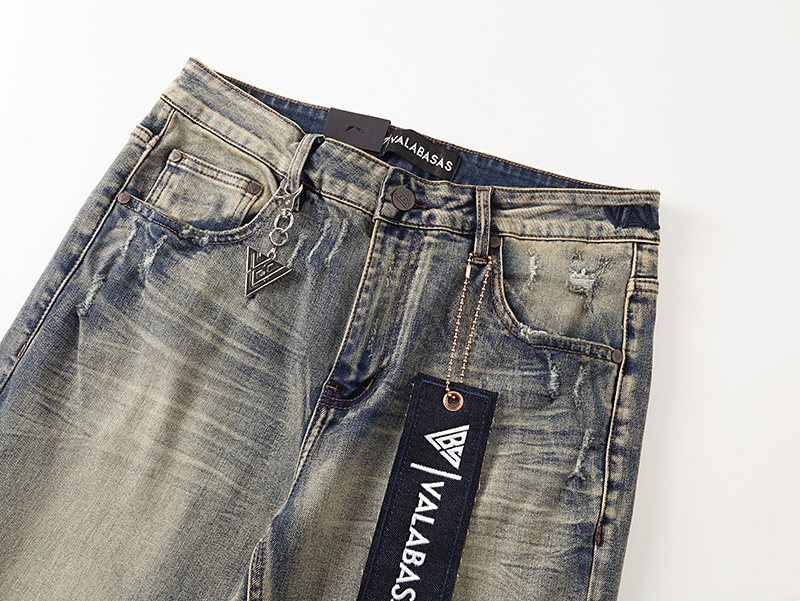 VALABASAS Washed Distressed Blue Jeans with Rear Patch