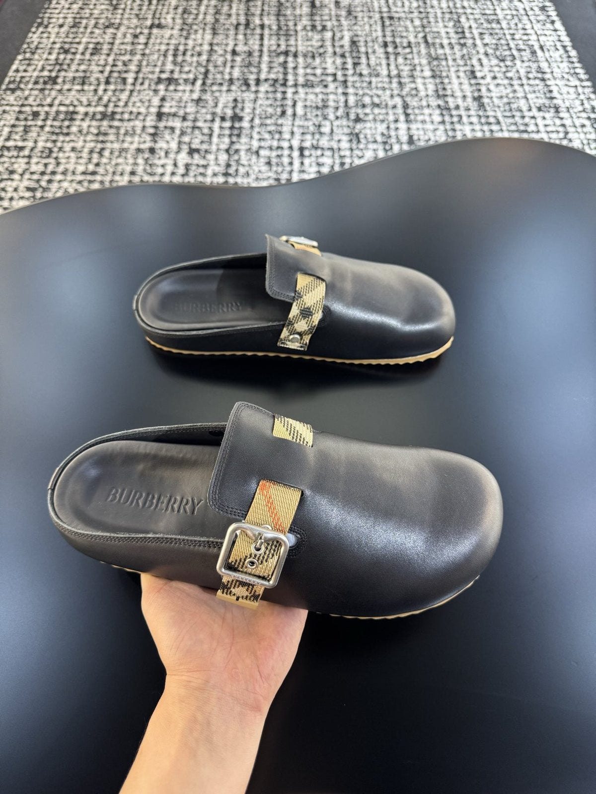 Burberry Men's Black Plaid Buckle Mule Sandals