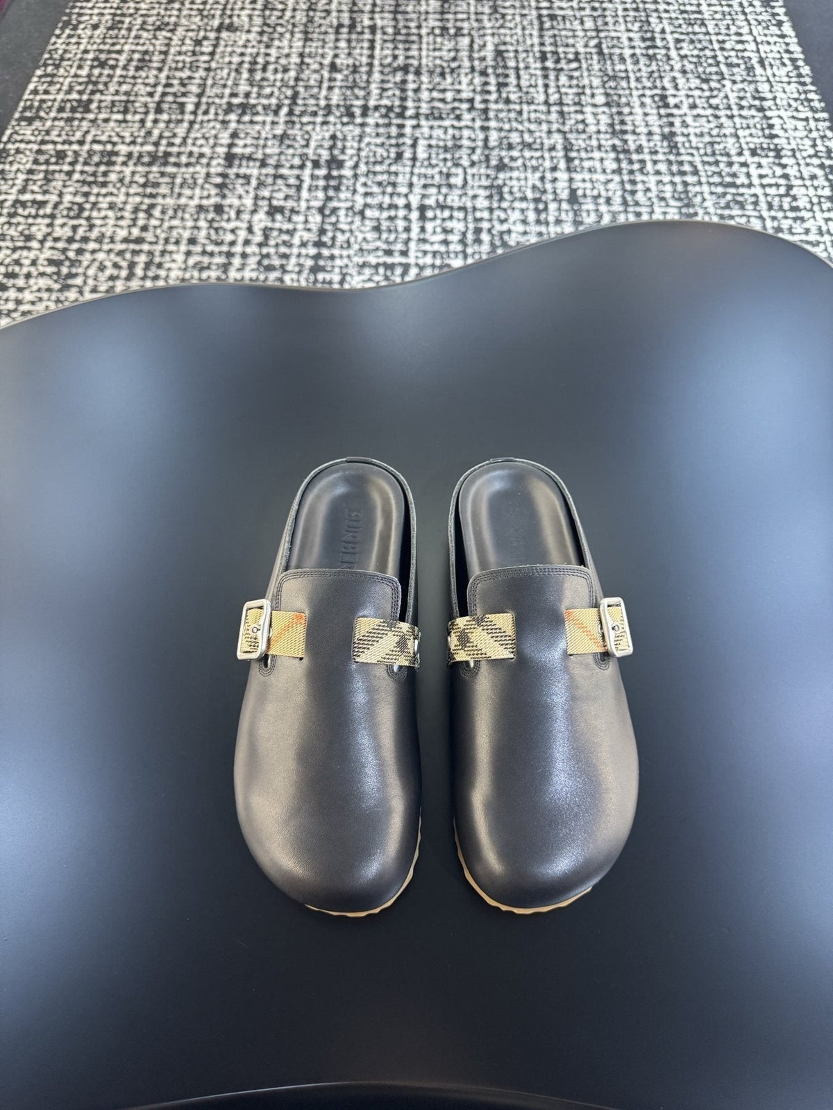 Burberry Men's Black Plaid Buckle Mule Sandals