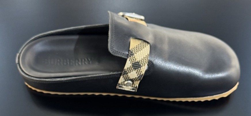 Burberry Men's Black Plaid Buckle Mule Sandals