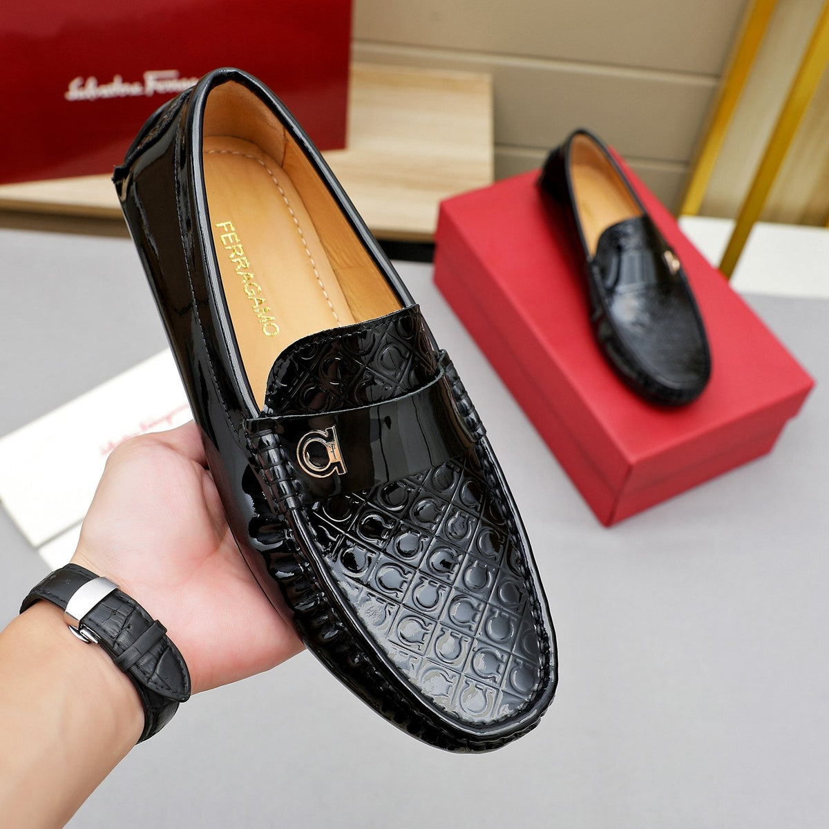 Ferragamo Men's Black Metal-Strap Loafers