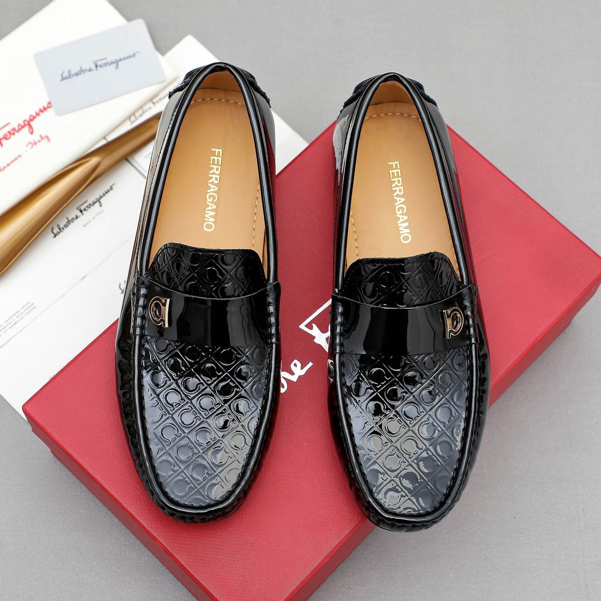 Ferragamo Men's Black Metal-Strap Loafers