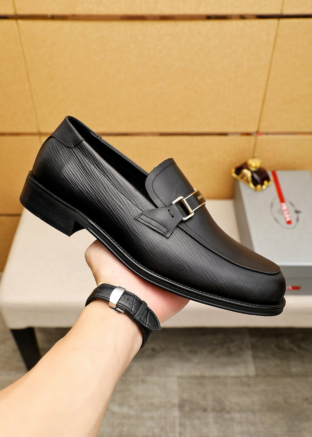 Prada Men's Black Buckle Loafers