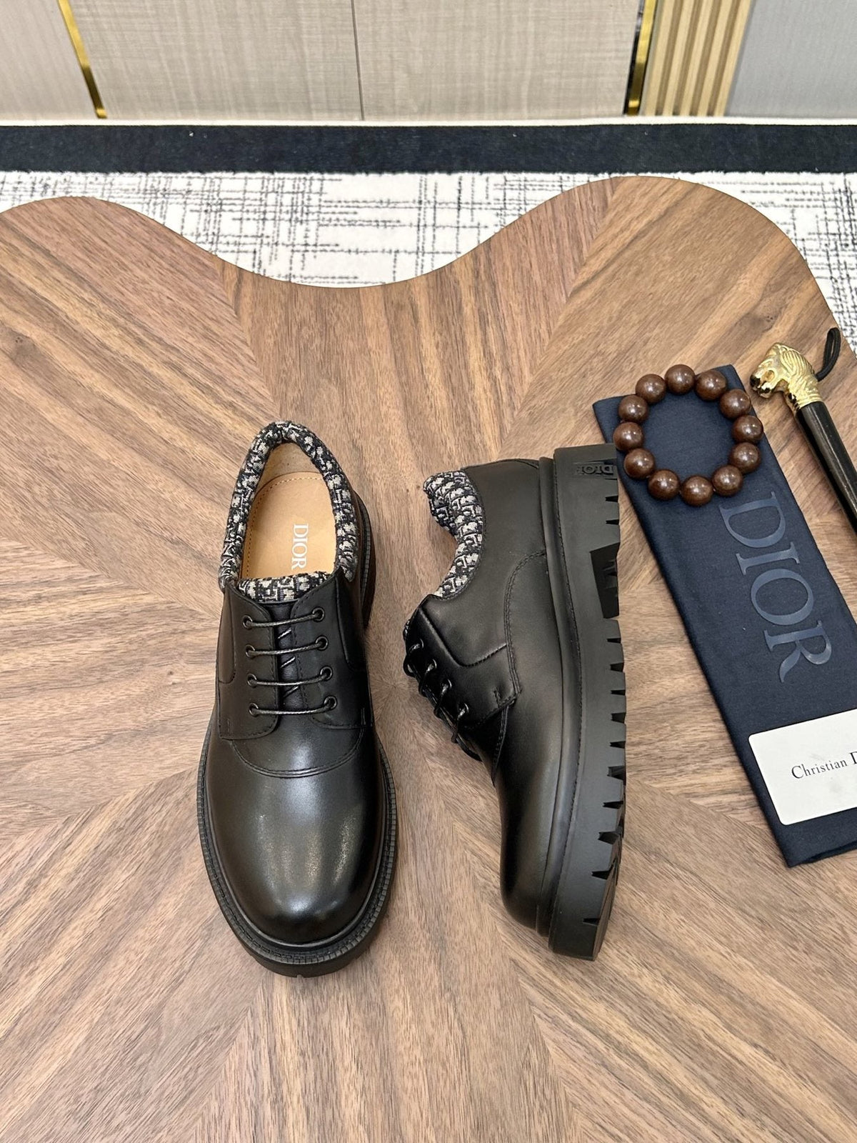 Dior Black Patterned-Collar Lace-Up Shoes
