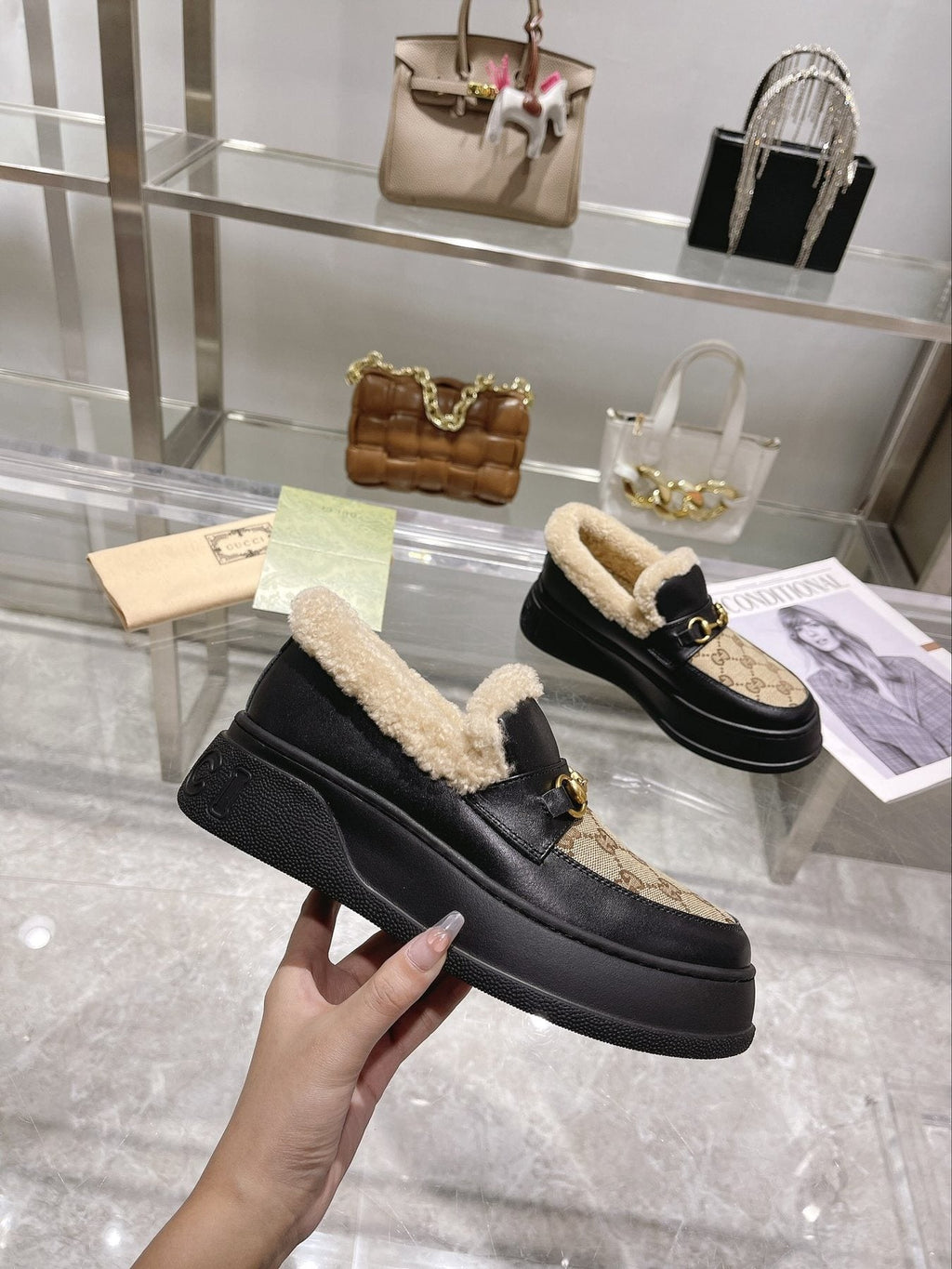 Gucci Patterned Plush-Trim Slip-On Snow Boots