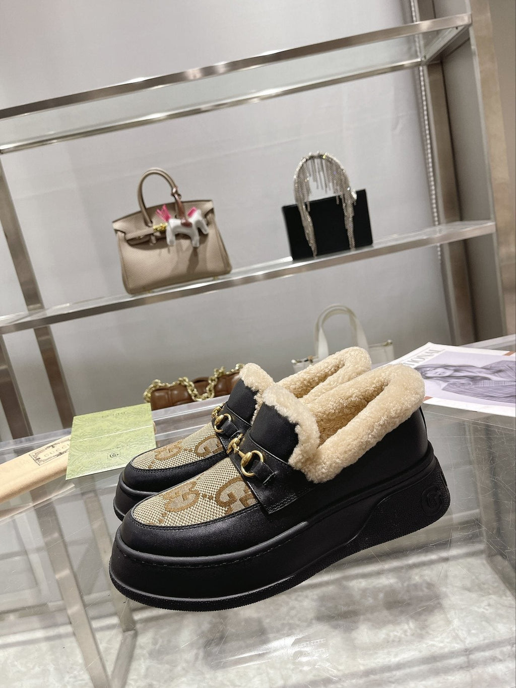 Gucci Patterned Plush-Trim Slip-On Snow Boots