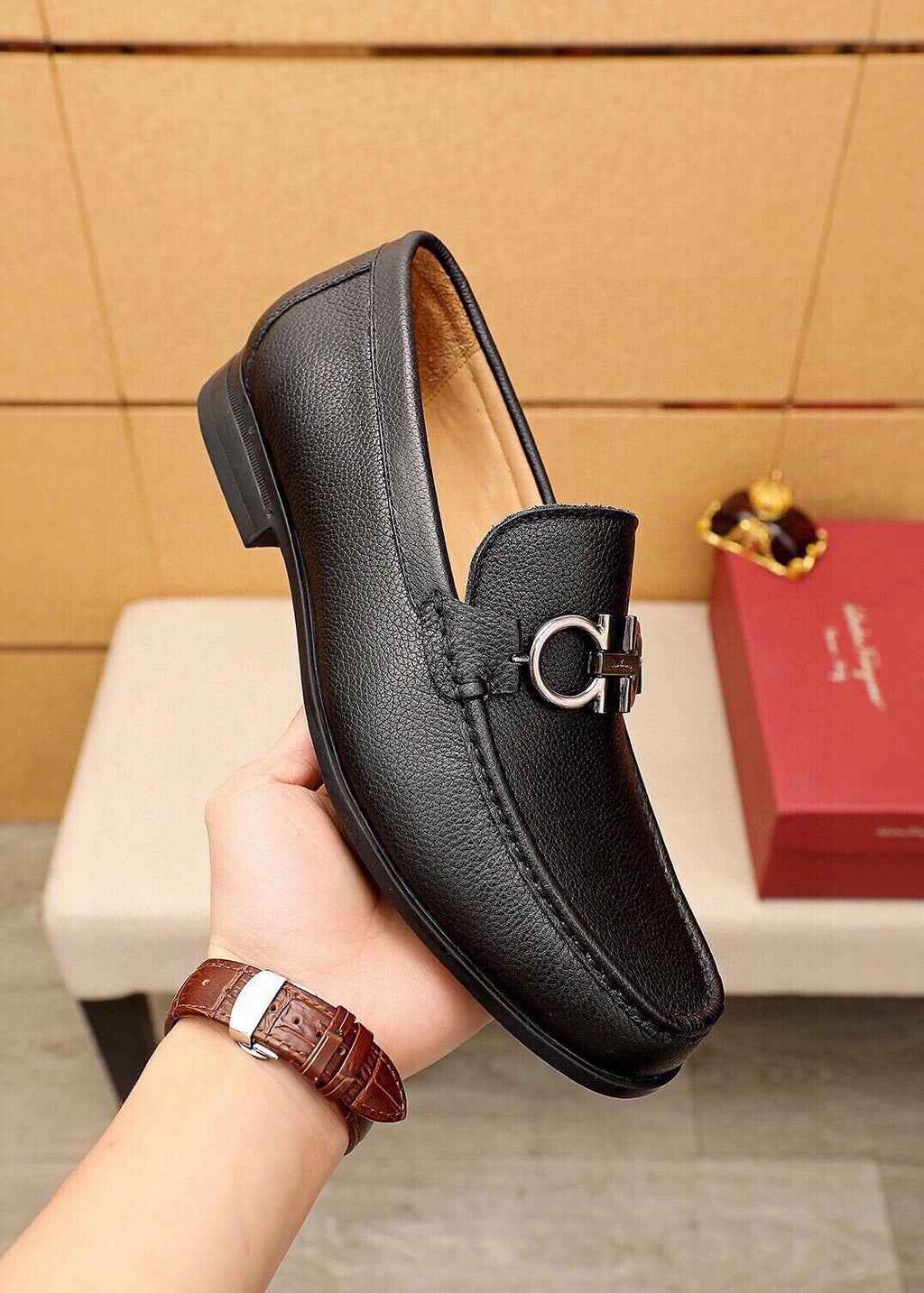Ferragamo Men's Black Pebbled Leather Loafers