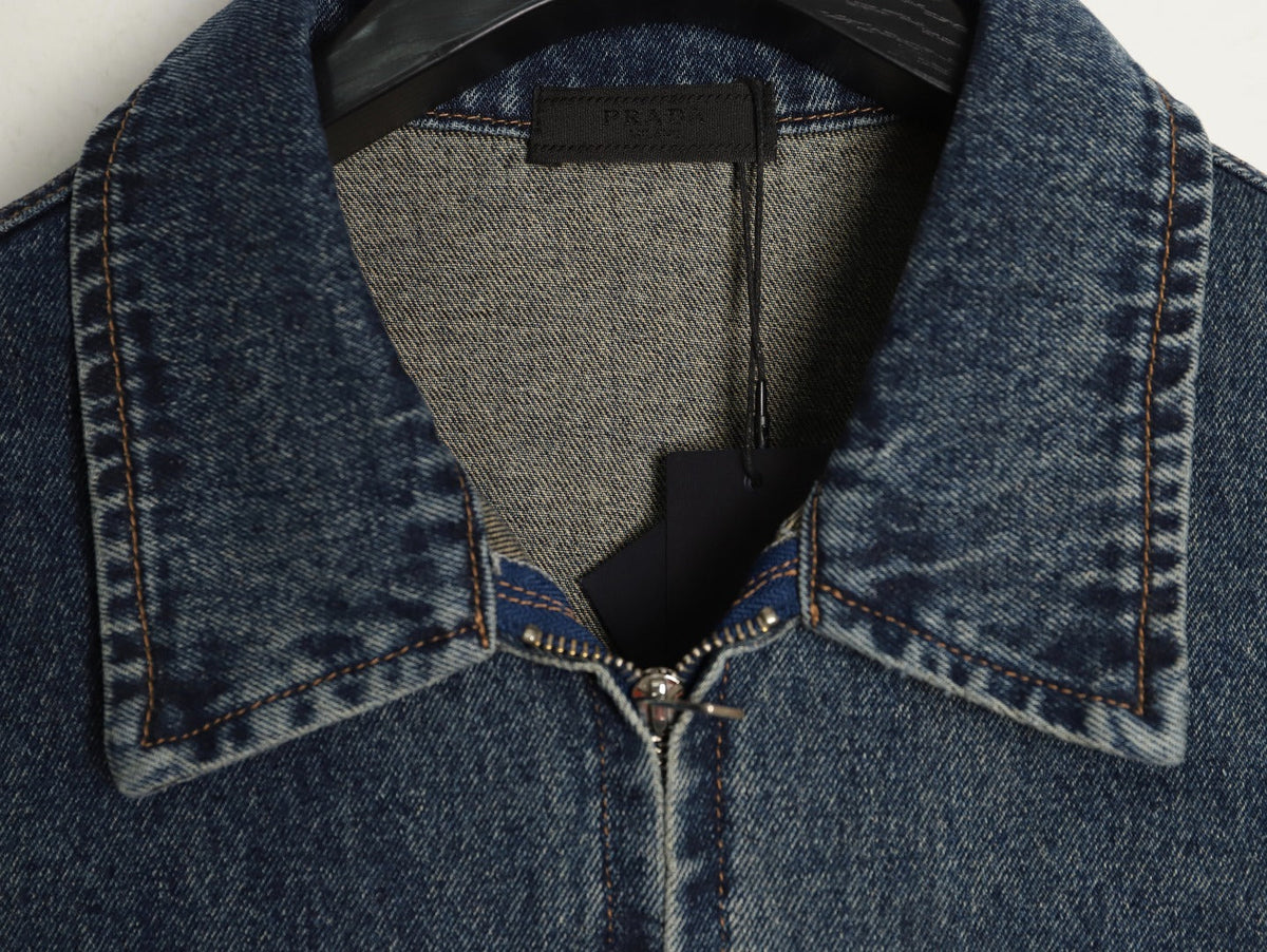Prada Triangle-Logo Washed Zip-Up Denim Jacket - Dark Blue