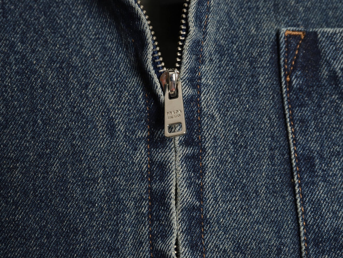 Prada Triangle-Logo Washed Zip-Up Denim Jacket - Dark Blue